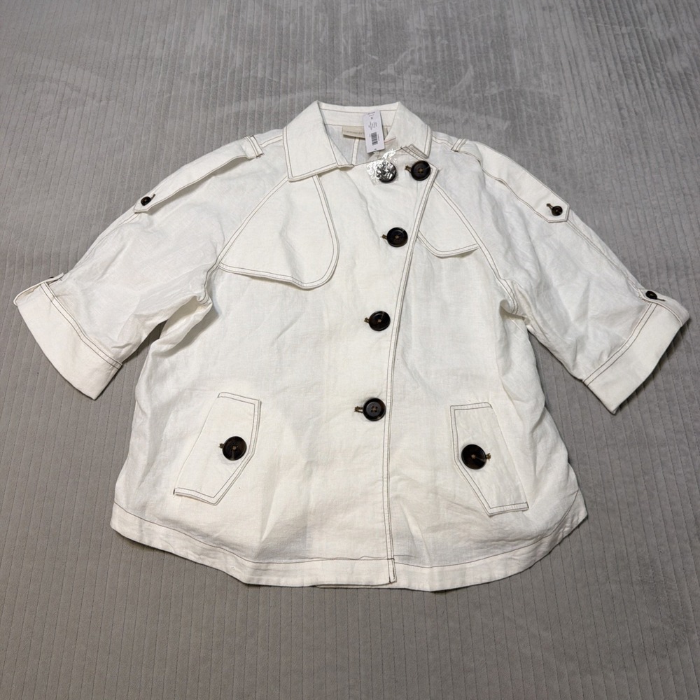 Chico's 100% Linen Cropped Trench Jacket Women XL White Roll Sleeve Pockets